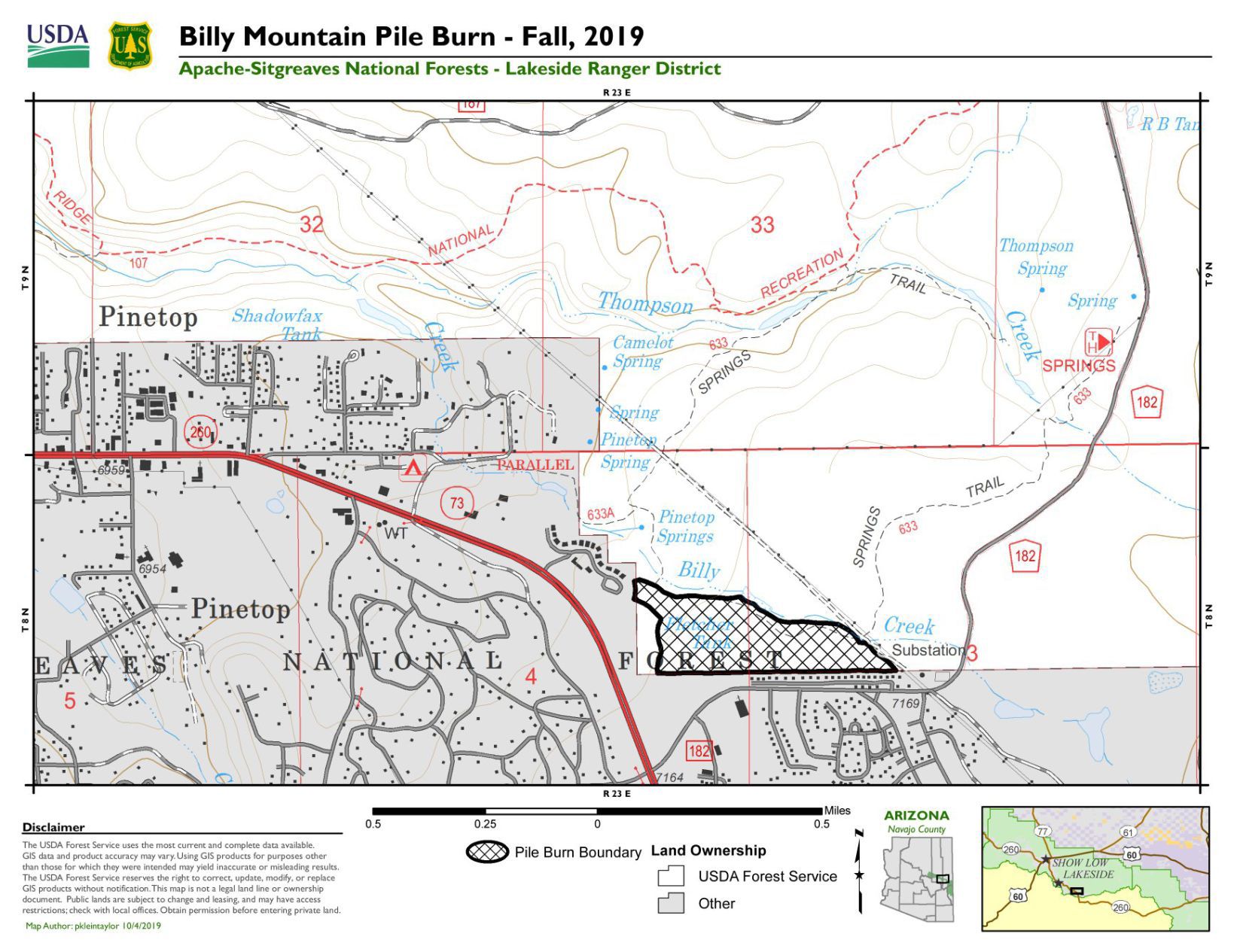 MAP of Lakeside Ranger District plans prescribed slash pile burn